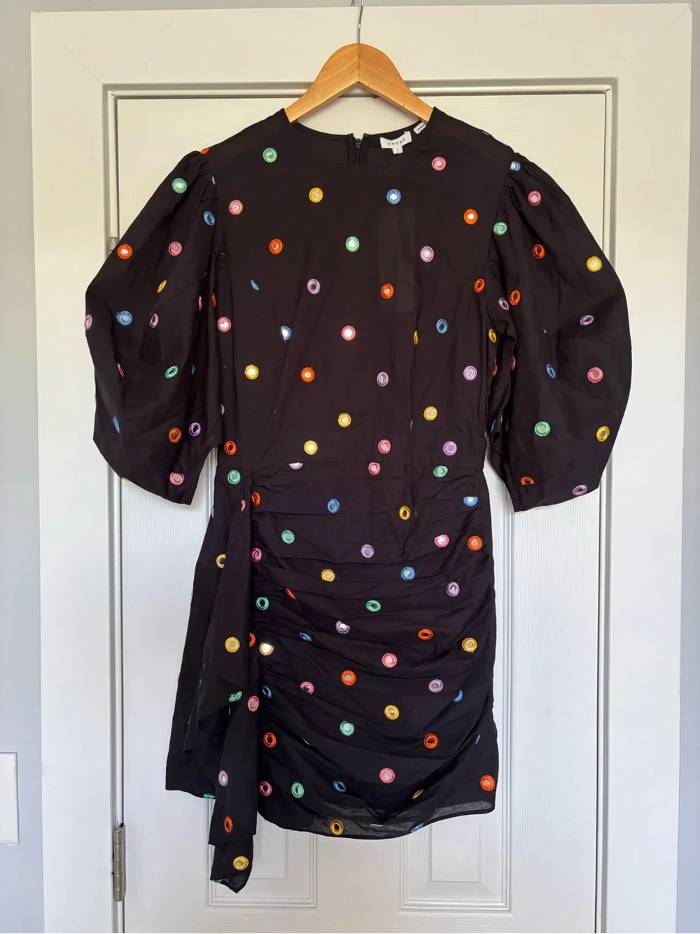 RHODE Pia Ruched Embellished Cotton-voile Mini Dress Black Mirror Size Small - Picture 2 of 8
